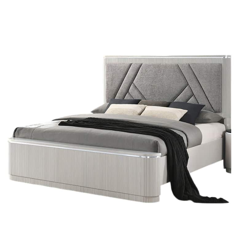 Vino Queen Bed, Gray Chevron Satin Fabric Upholstered, Solid Wood