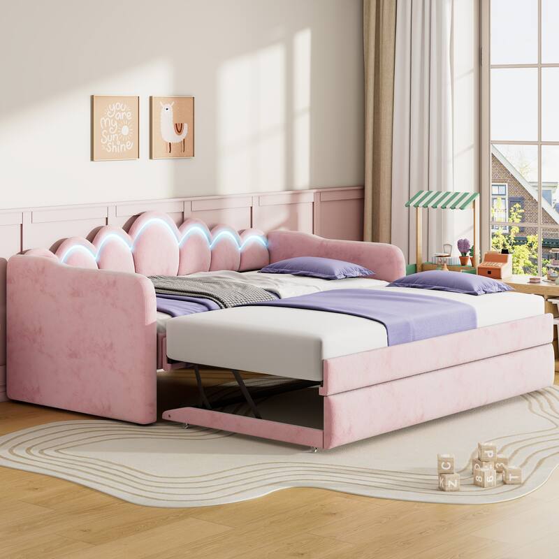 Twin XL Velvet Upholstered Daybed with Pull-Out Trundle and Wave Backrest LED Light