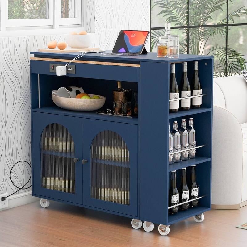 Kitchen Island Cart w/ Extended Table, Rolling Kitchen Island w/ LED Lights, Power Outlets & 2 Fluted Glass Doors & Open Shelves