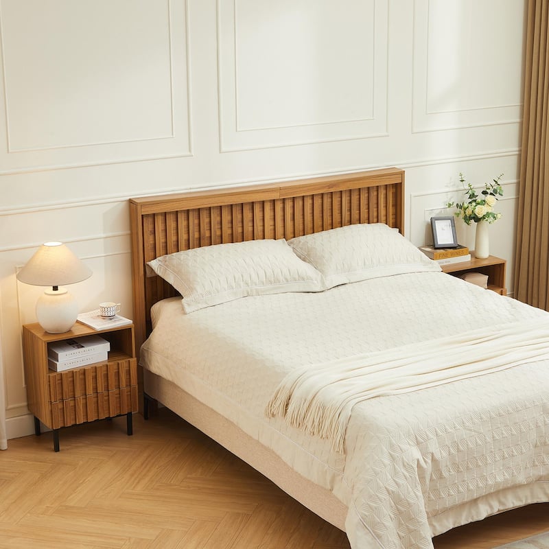 Mid Century Woodgrain Nightstand Pair 2 Drawers Bedside Table