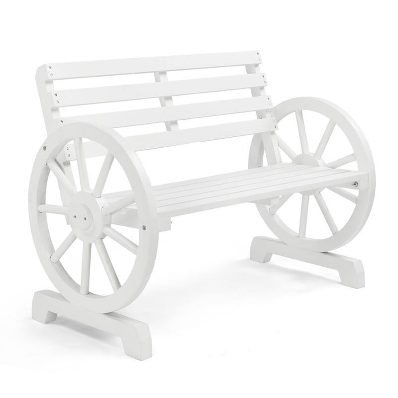 Outdoor Wooden Wagon Wheel Bench with Slatted Seat and Backrest