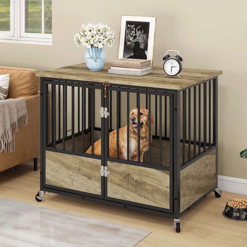 Moasis 38"/43" Dog Crate Furniture with Wheels & Double-Doors - 38" - Grey