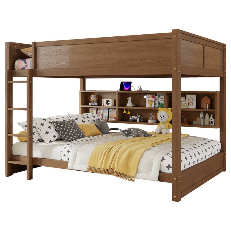 Queen Size Wood Bunk Bed with Built In Bookcase and Charging Station, Queen over Queen Low Bunk Bed Frame, No Box Spring Needed