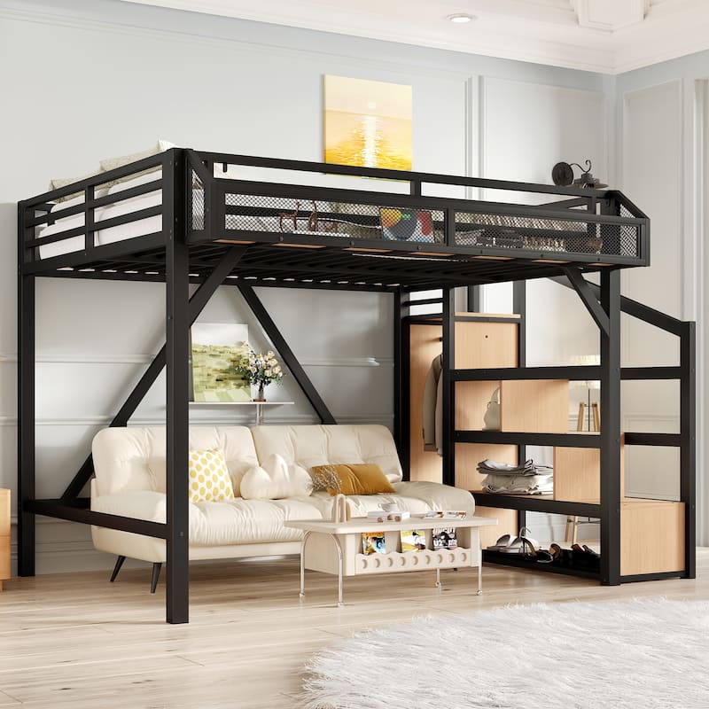 Full Loft Bed with Storage Stairs, Shelves and Built-in Wardrobe, Metal Loft Bed Frame with USB Ports and LED Lights