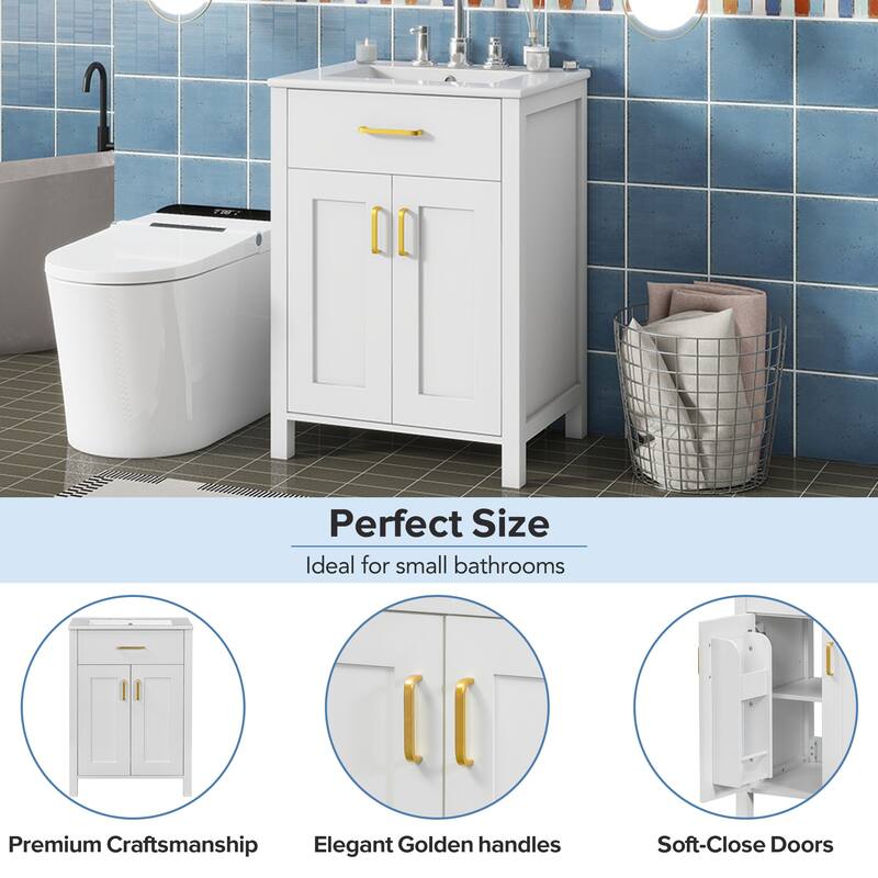 Luxurious 24-Inch Bathroom Vanity with Undermount Ceramic Sink, MDF Cabinet, Golden Handles & Adjustable Shelf
