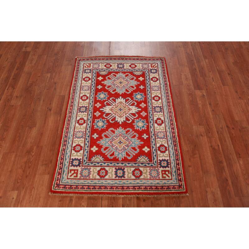 Traditional Kazak Foyer Rug Hand-Knotted Geometric Red Wool Carpet - 2'8"x 4'1"