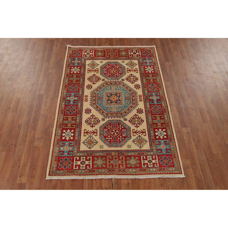 Geometric Kazak Oriental Rug Dining Room Hand-Knotted Wool Carpet - 4'1" x 6'0"