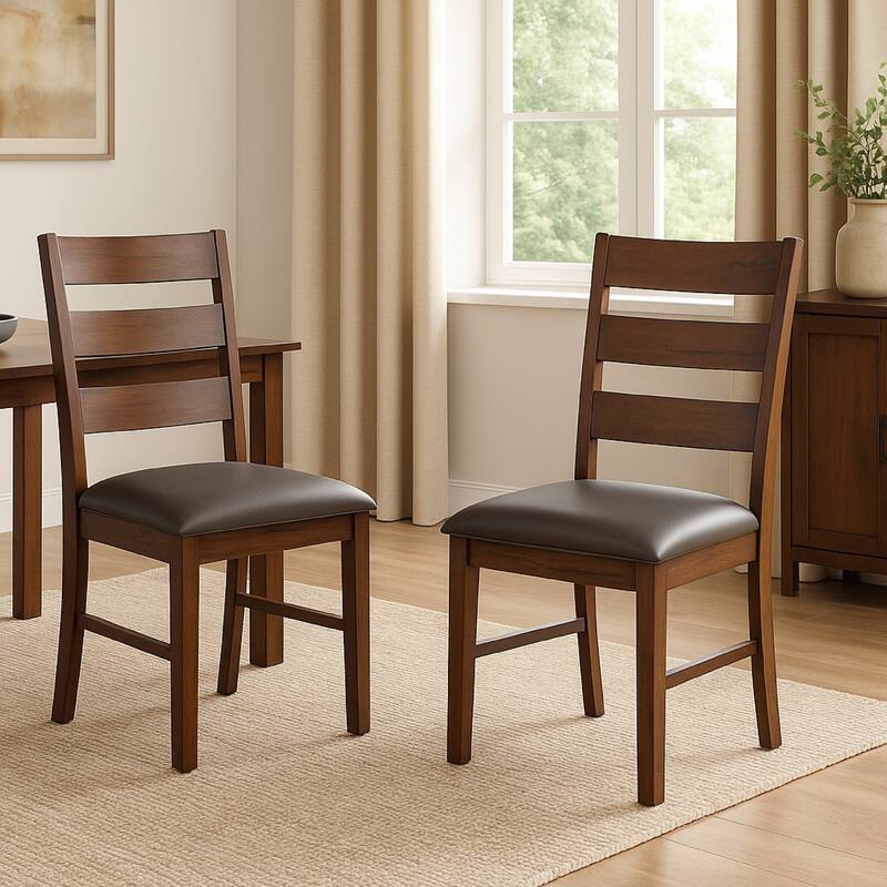 Reggie Dining Chair Set of 2, Ladderback, Dark Gray Faux Leather Brown
