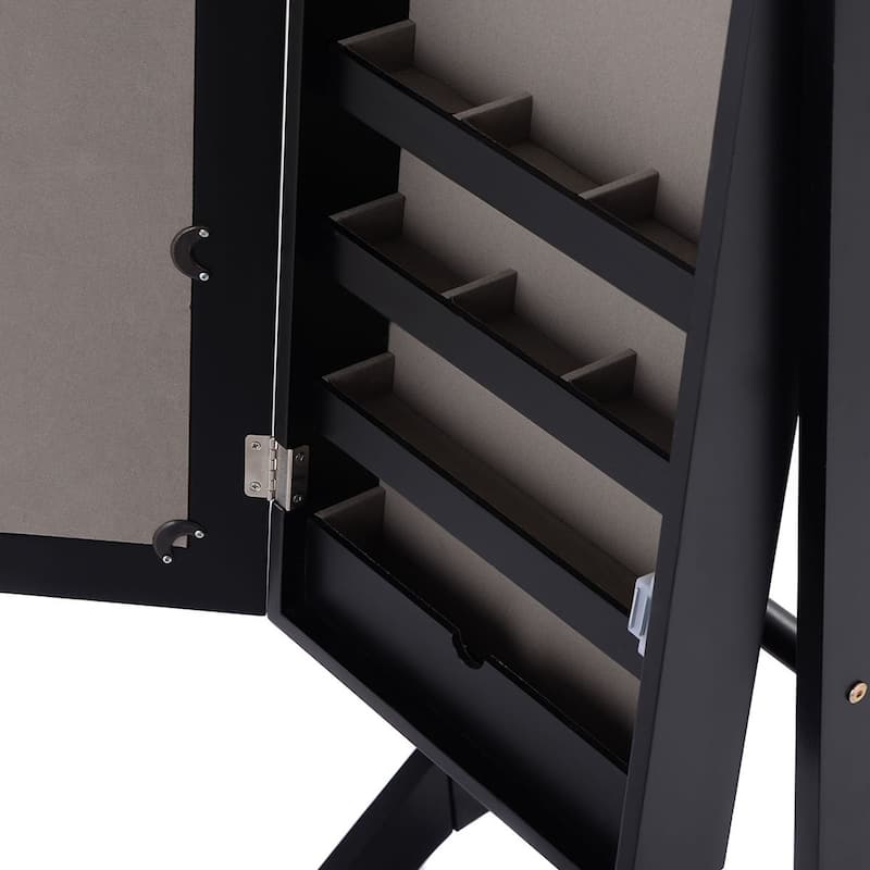 Black Wood Jewelry Storage Cabinet Freestanding Floor Mirror - 13" x 14.5" x 56" (L x W x H)