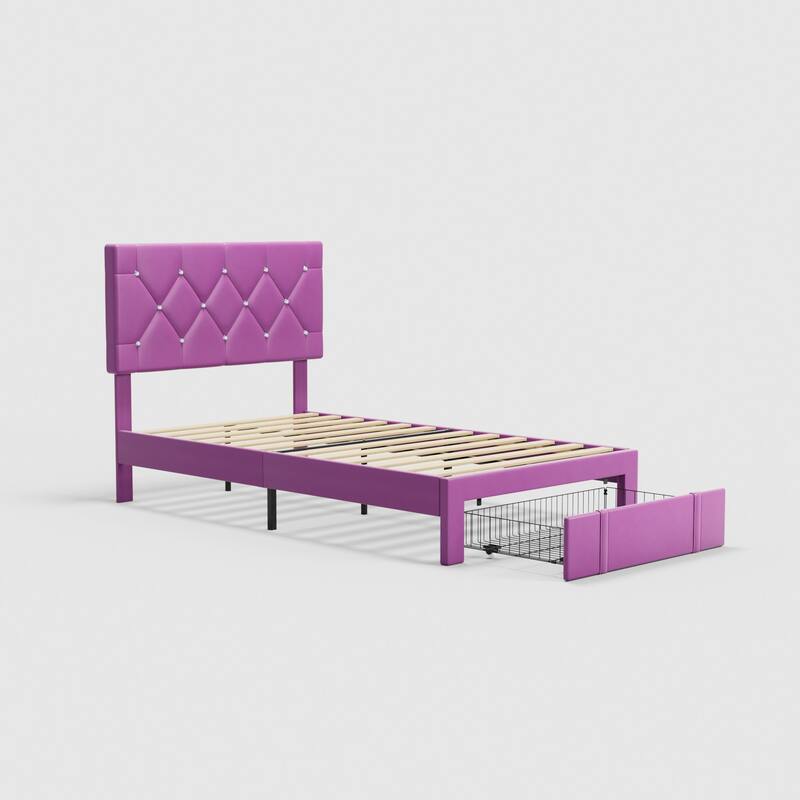 VECELO Bed Frame with Storage Drawers Leather Upholstered with Diamond Tufted Headboard Solid Wood Slat Support