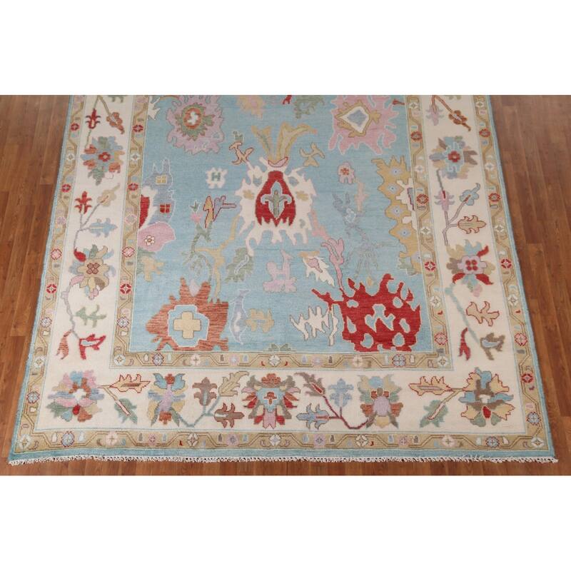 Light Blue Floral Oushak Rug Hand-Knotted Oriental Wool Carpet - 8'10"x 11'10"
