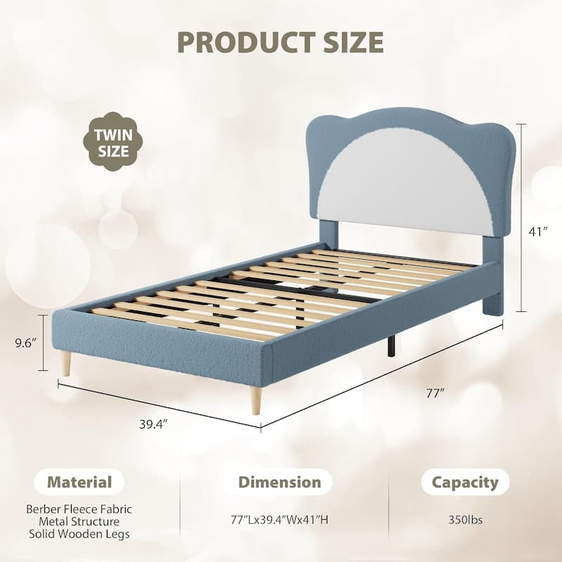Velvet Kids Bed Frame with Adjustable Scallop Headboard, Princess Style Platform Bed, Solid Wood Slats