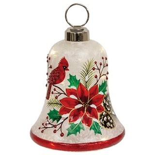 Light Up Snowy Crackled Glass Bell with Poinsettia and Cardinal Design ...