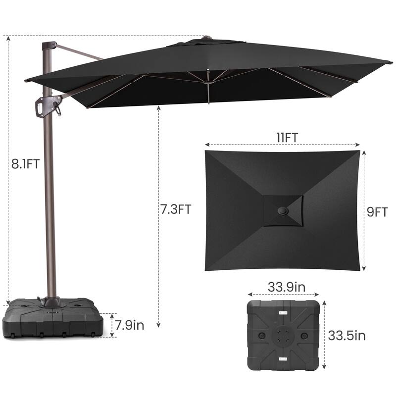 Outdoor 11 x 9 FT Patio 360 Degree Rotation Cantilever Umbrella with Base