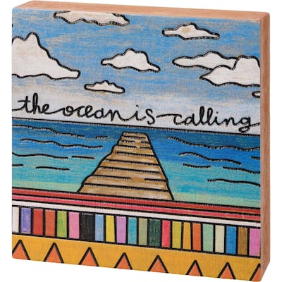 The Ocean is Calling Pier Sunshine Blue Water Wood Block Tier Tray Sign - Multi