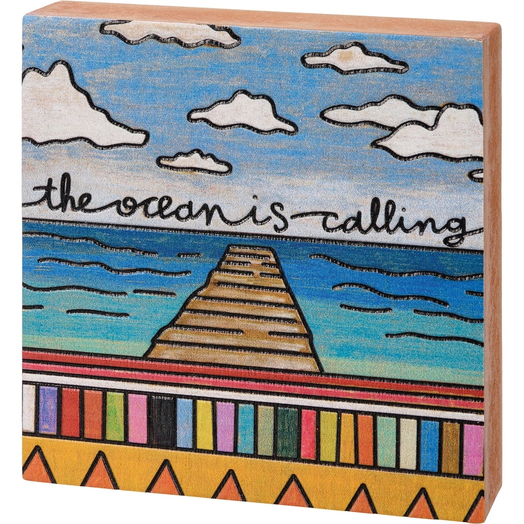 The Ocean is Calling Pier Sunshine Blue Water Wood Block Tier Tray Sign - Multi