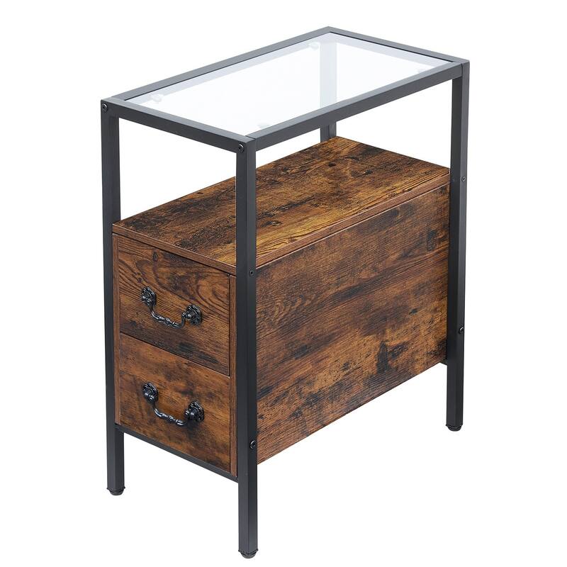 VECELO 2-Drawer Modern End Tables with Glass Top, Narrow Side Tables with Drawers, Nightstands for Small Spaces