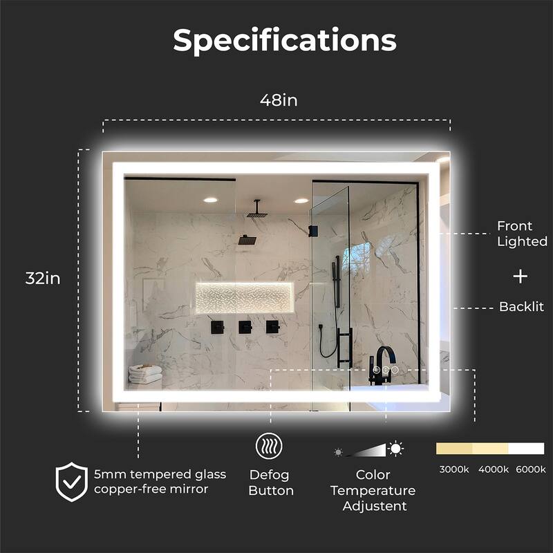 LED Bathroom Mirror with Lights 48x32, Lighted Vanity Mirror Wall Mounted with Front and Backlit - White