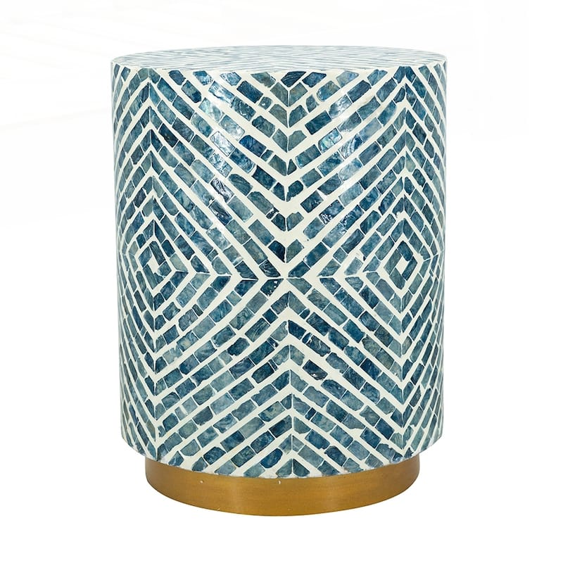 Round Accent Stool with Blue and White Capiz Design
