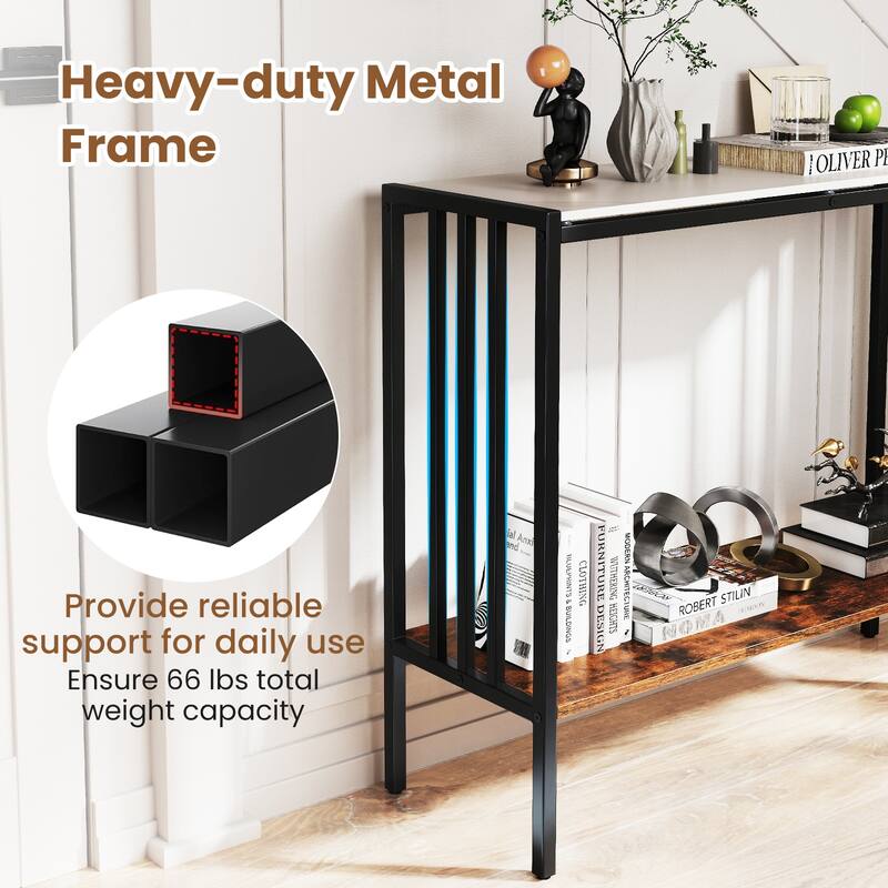 36 Inch 2-Tier Narrow Console Table with Sintered Stone Top and Metal Frame for Entry or Living Room - 36" x 12" x 30"