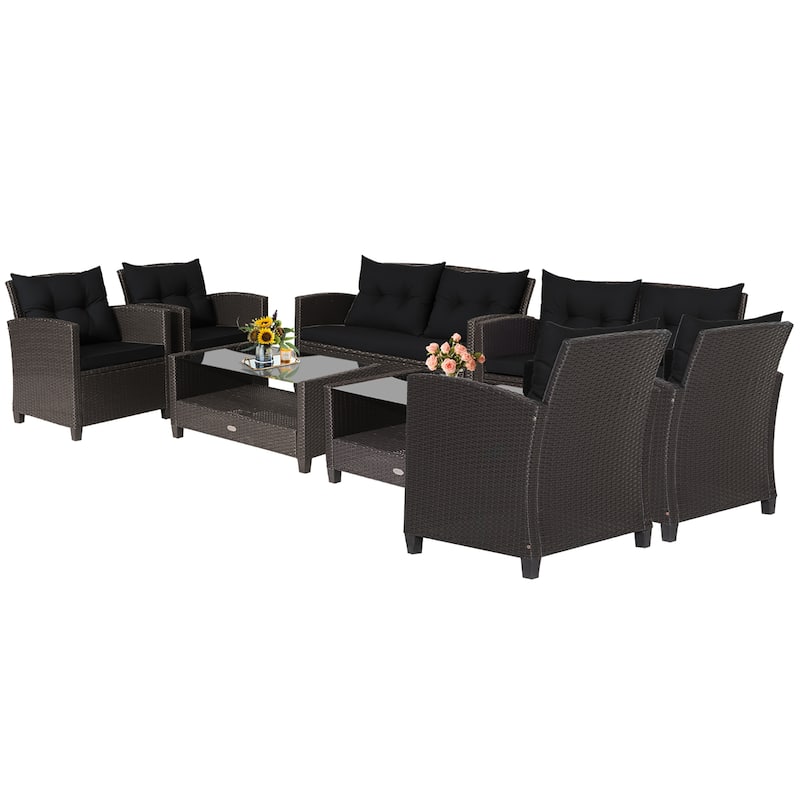 Costway 8 PCS Patio Rattan Furniture Set Glass Table Shelf Sofa - See Details
