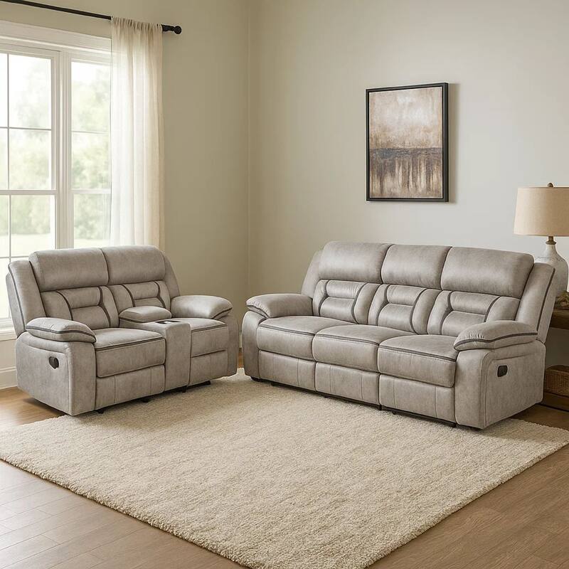 Garie 2pc Manual Reclining Sofa and Loveseat Set, Taupe Faux Leather