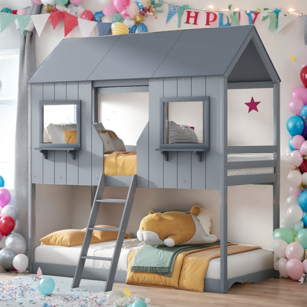 Playhouse Design Twin over Twin Wood Bunk Bed with Roof, Window, Guardrail & Ladder, Reliable Safety, Maximized Space, Grey Playhouse Design Twin over Twin Wood Bunk Bed with Roof, Window, Guardrail & Ladder, Reliable Safety, Maximized Space, Grey