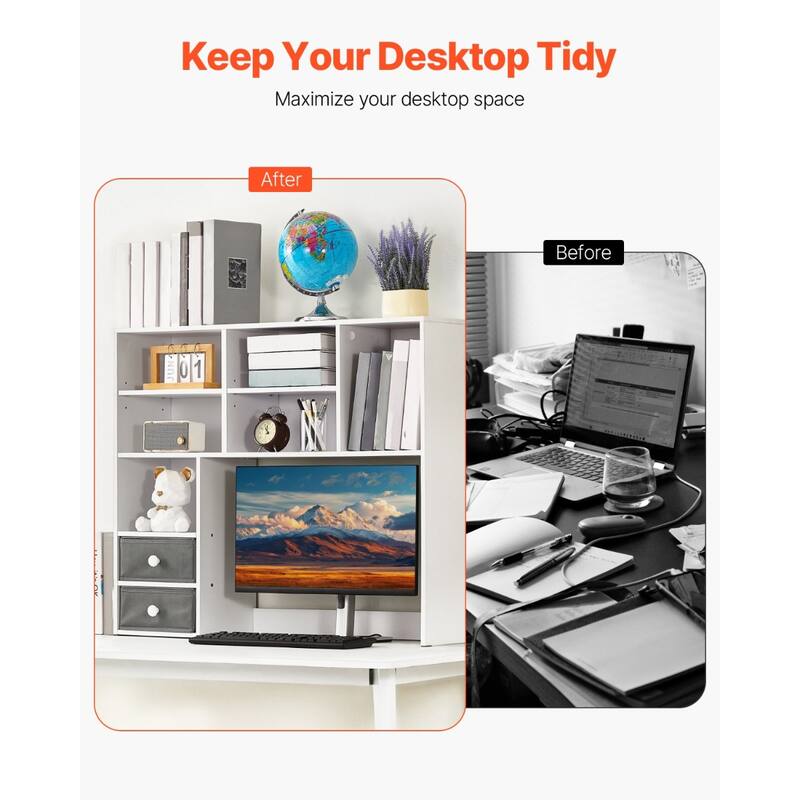 Particle Board Desktop Bookshelf Hutch, 3-Shelf Organizer and Office Storage Rack - 37.0" L x 10.0" W x 31.1" H