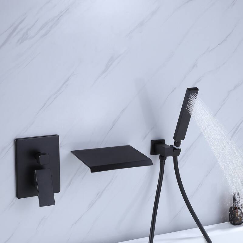 Matte Black Double Handles Waterfall Tub Faucet With Hand Shower