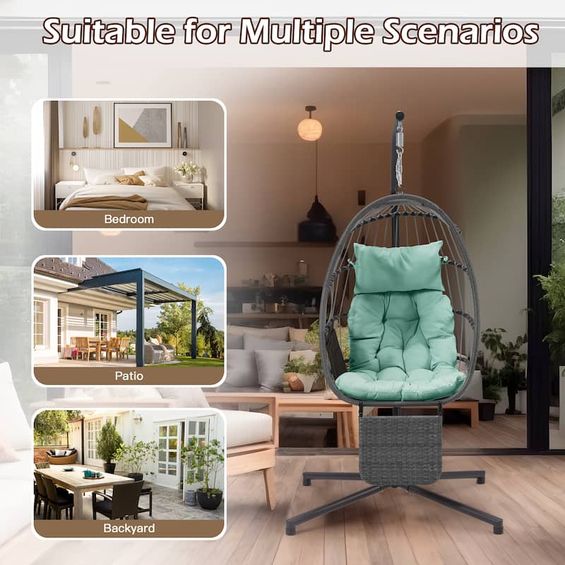 EROMMY Hanging Egg Chair with Stand, Foldable Indoor/Outdoor Swing Chair includes Cushion and Pillow, Patio Wicker Swing