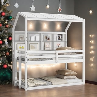 Twin House Loft Bed with Semi-enclosed Roof, Shelves and Ladder, White