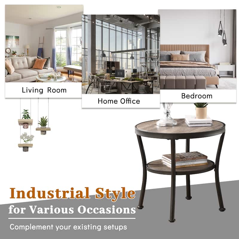 Myhozm Rustic Round End Table with Storage, Industrial Side Table for Living Room