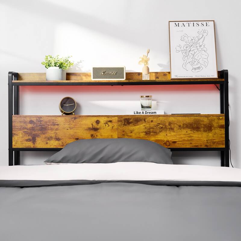 Brown Carbon Steel Full Size Headboard with LED Lights, Power Strips and Storage Shelves