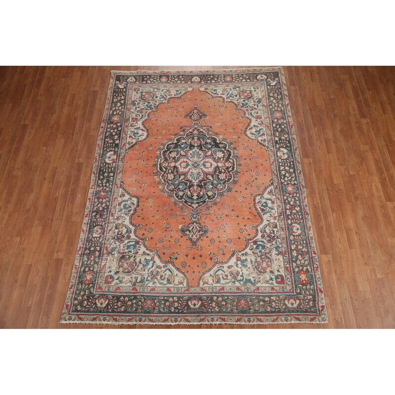 Hand Knotted Oriental 100% Wool Carpet Traditional Floral Oranges & Rust Tabriz Area Rug - 9' 3'' X 6' 8''