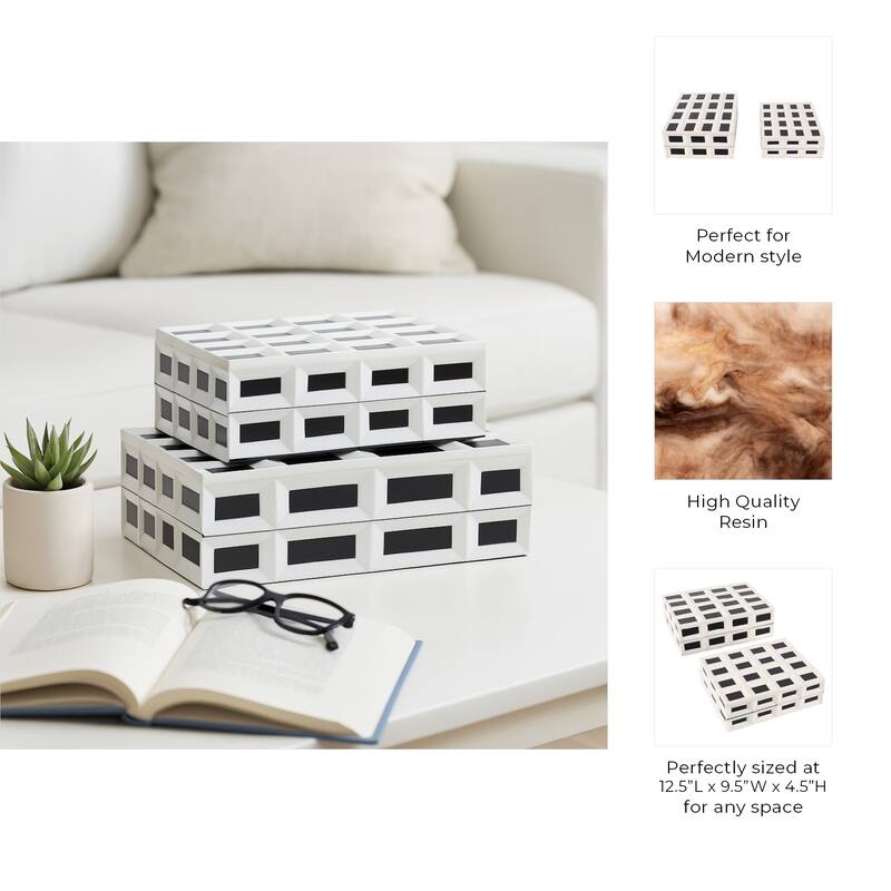 Decorative Checkered Pattern Box with Lid - Set of 2, 10", 12" White - 12.25"