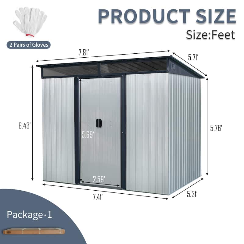 White-Black Galvanized Metal Outdoor Storage Shed with Vent and Roof - 88.92” W x 77.16” H x 63.72” D