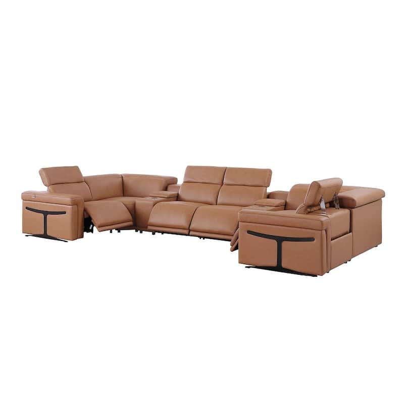HomeRoots Chestnut Italian Leather Power Reclining U Shaped Eight Piece Sectional With Console