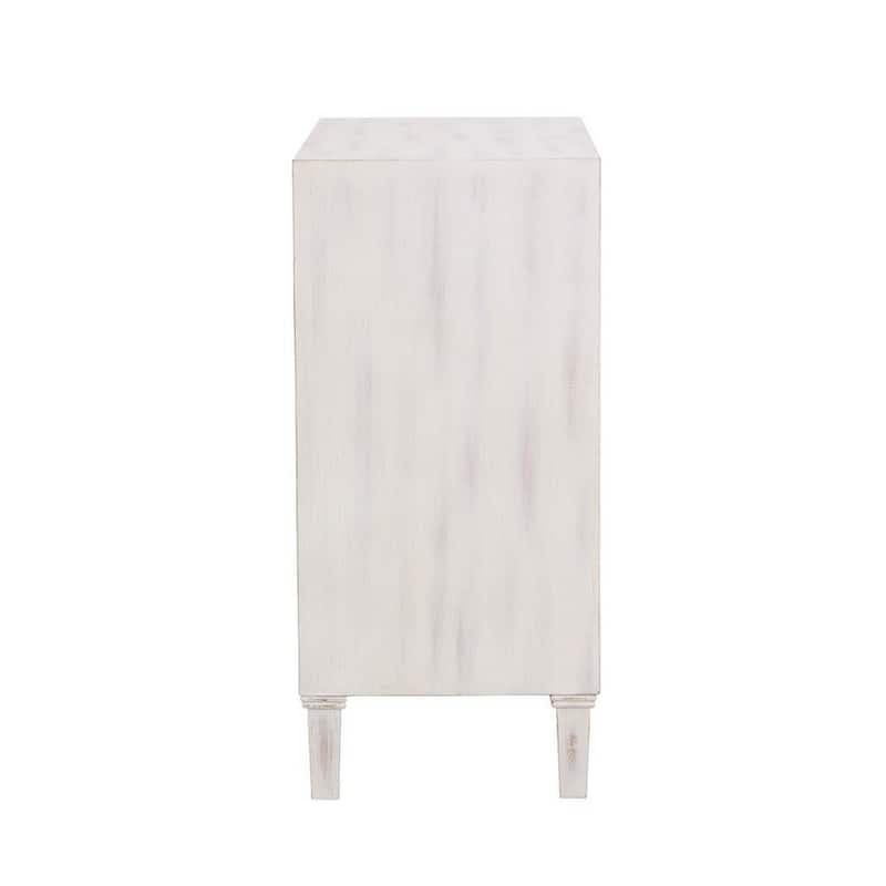 2 Door Wooden Accent Cabinet with Floral Carving, Distressed Whitewash