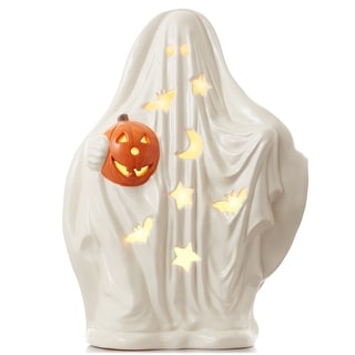 PreLit Ceramic Halloween Ghost Pumpkin HandPainted Tabletop Decor