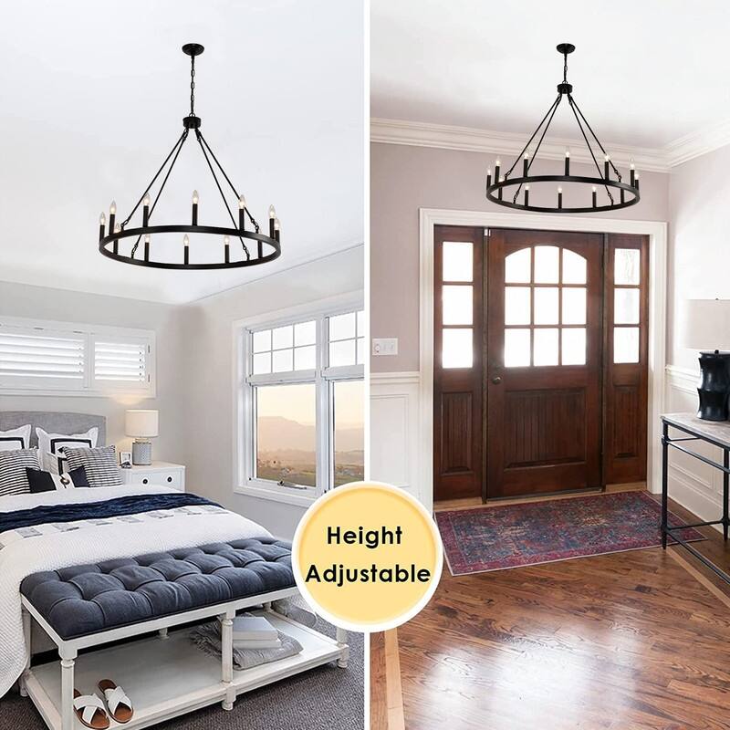 12 Lights Wagon Wheel Chandelier Black Rustic Farmhouse Chandelier - 38IN