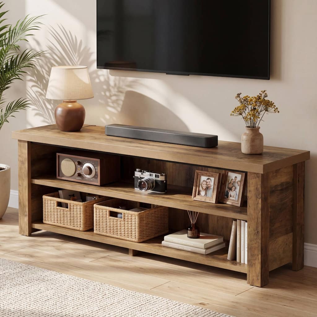 TV Stand for 55/60/65-Inch TVs, Farmhouse Entertainment Center with Storage Shelves, Brown - 13.78" D x 55.12" W x 17.72" H