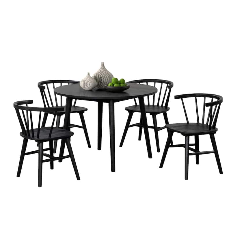Yely 5pc Dining Table with 4 Windsor Chairs Set, Black Rubberwood