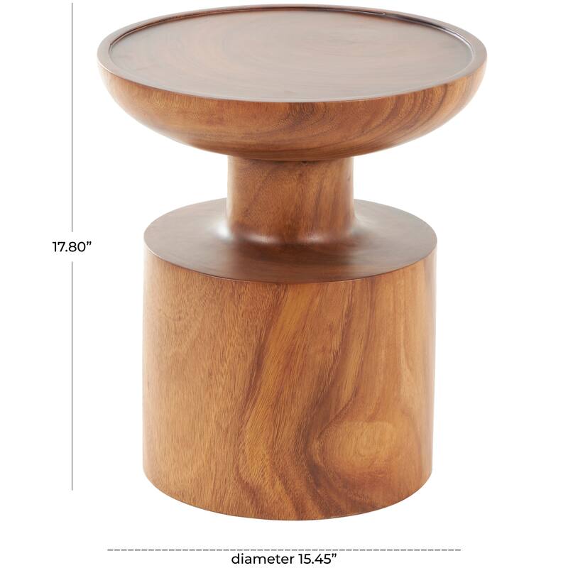 Brown Wood Handmade Side End Accent Table with Cylinder Block Base