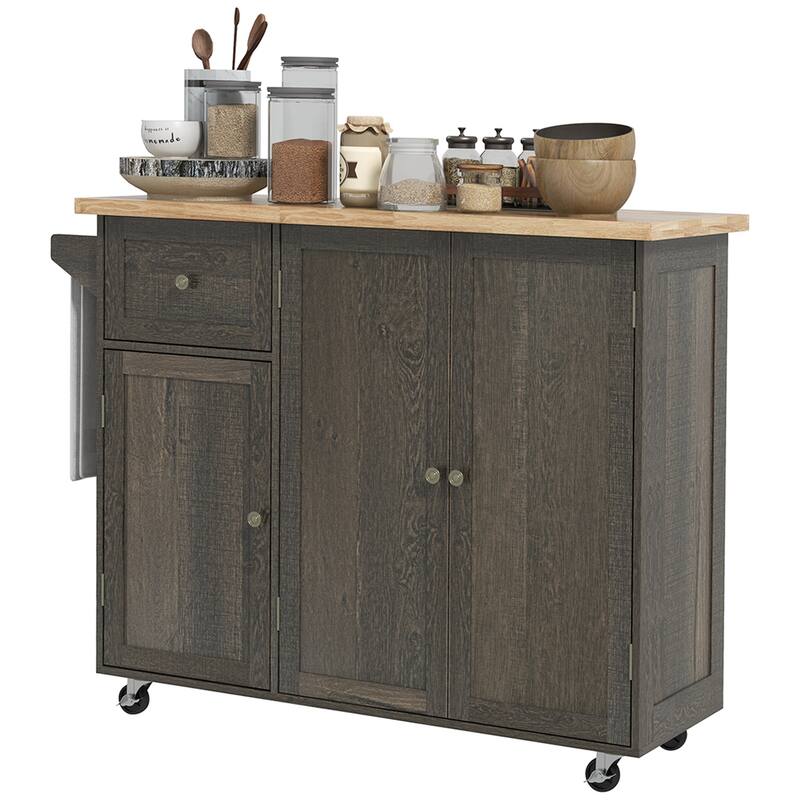 Triple-Cabinet Rolling Kitchen Island on Wheels, Kitchen cart with Storage Shelf Adjustment, Rolling Utility cart with Wood Top