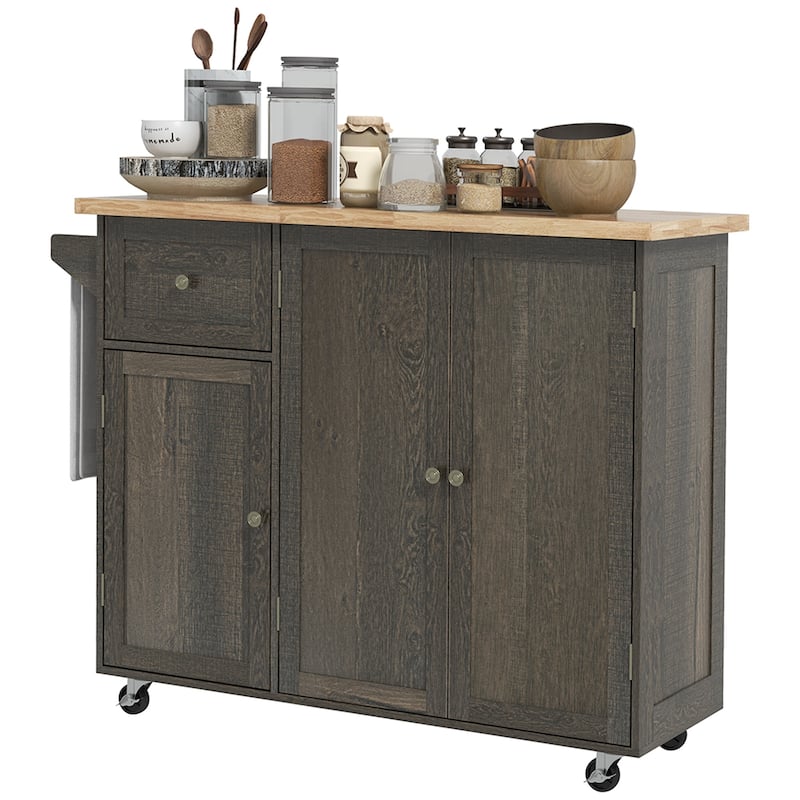 Triple-Cabinet Wood Rolling Kitchen Island on Wheels with Storage Shelf Adjustment, Towel Rack, Big Drawer