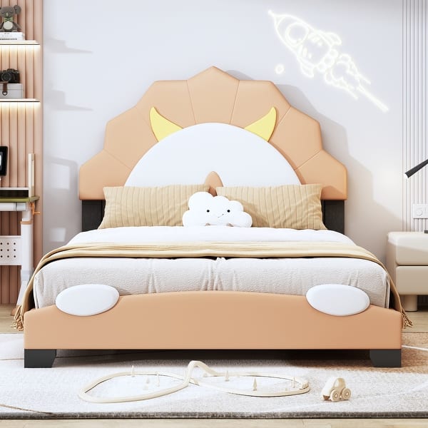 slide 2 of 18, Lion-Shaped Upholstered Platform Bed Frame Leather Low Profile Bed with Headboard and Footboard, Beautiful Gift for Kids Brown - Twin