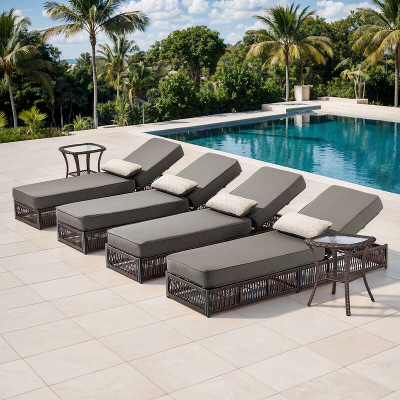 ArcoBay 6-Piece Brown Wicker Outdoor Patio Chaise Lounge with 5-Inch Thick Cushions and Side Table - Grey