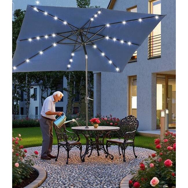Solar LED Patio Umbrella with Adjustable Tilt, 8.8ft Outdoor Shade with Light for Pool & Deck