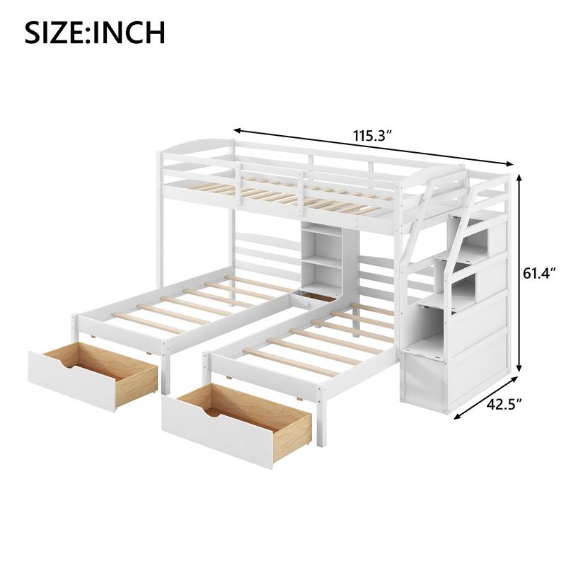 Twin Over Twin and Twin Triple Bunk Bed with Storage Drawers, Staircase Shelves, Built-In Book Shelves
