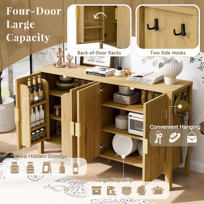 57.5" Modern Stripe Door Storage Cabinet with 4 Doors, Adjustable Shelves, Back-of-Door Racks & Side Hooks